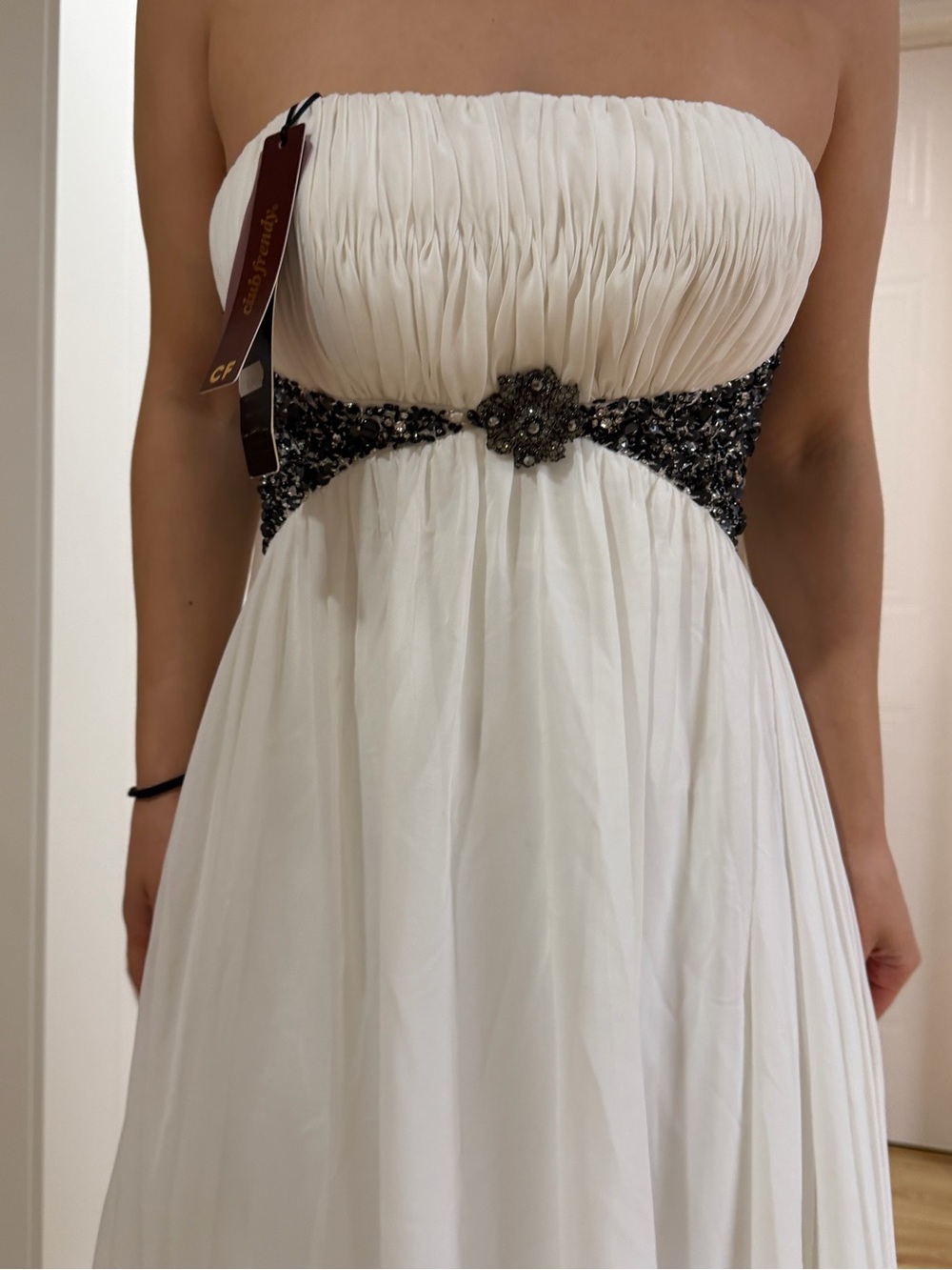 Strapless White Evening Dress with Embellished Waist